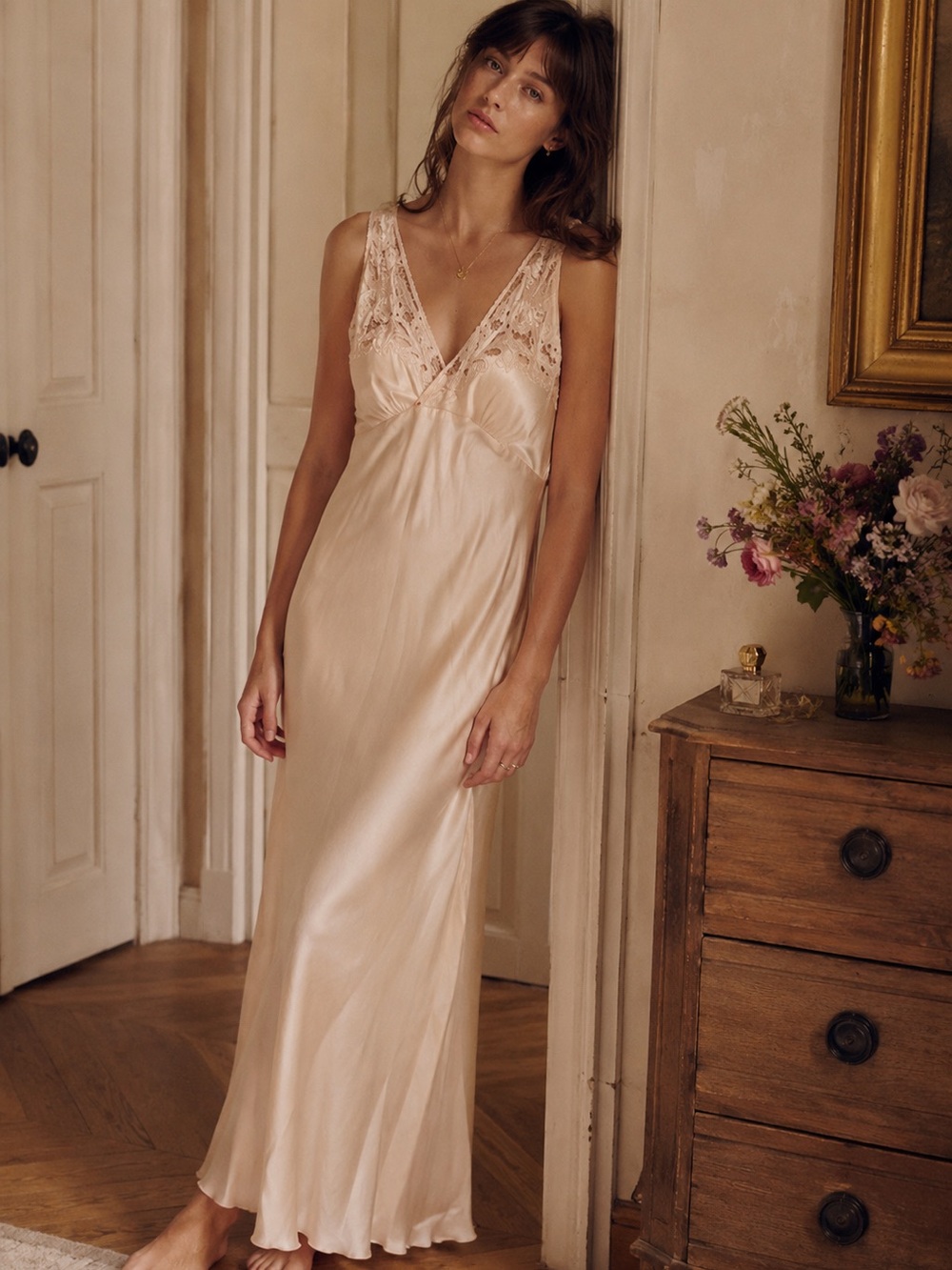 Silk Embroidered Bias Cut Maxi Dress Nightgown Soft Peach